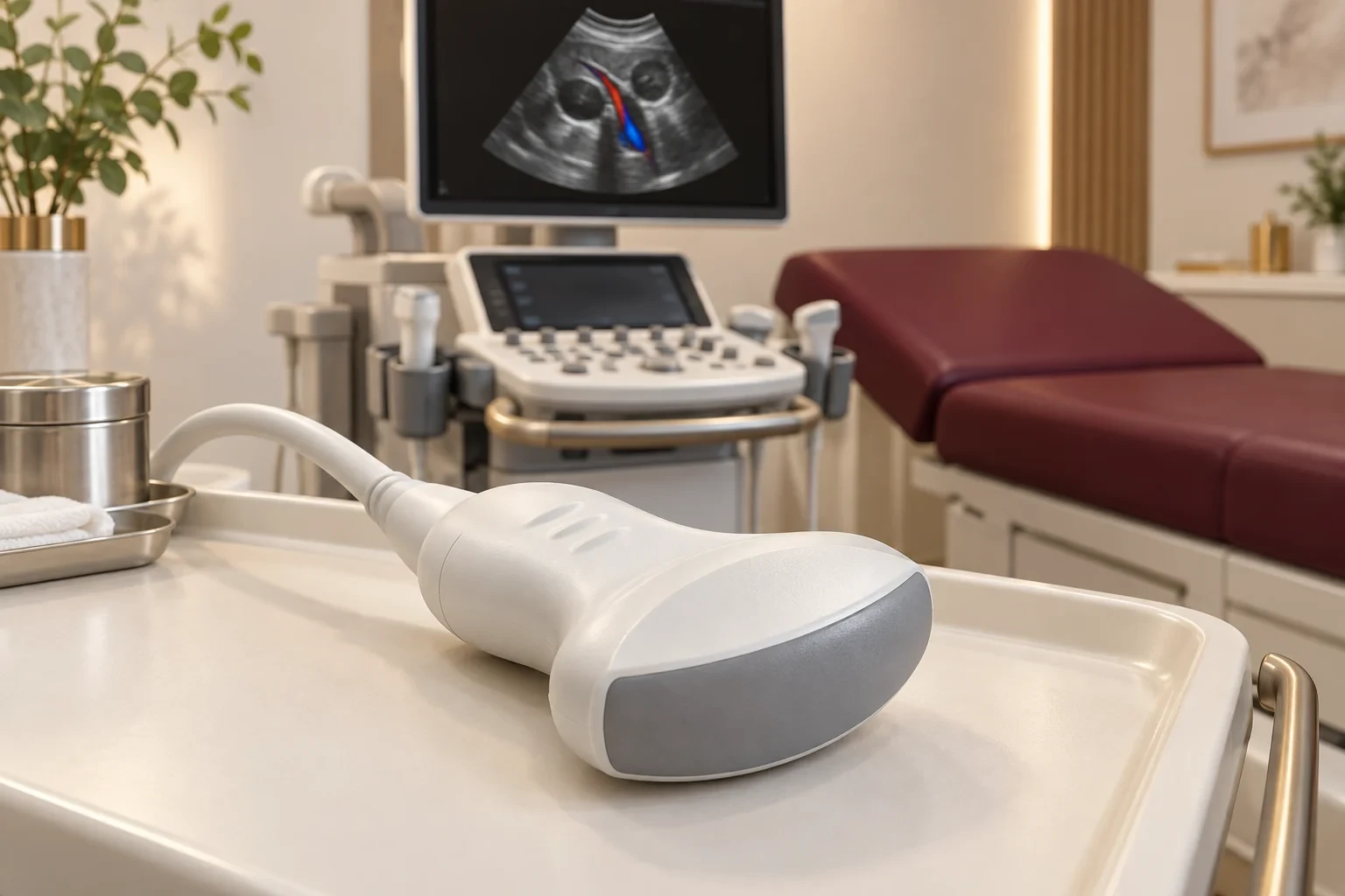 Illustration of curved abdominal ultrasound probe with a Doppler ultrasound cart in the background