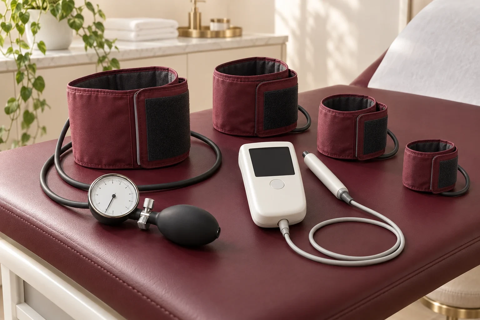 Illustration of blood-pressure cuffs and a handheld Doppler arranged for ankle-brachial index testing