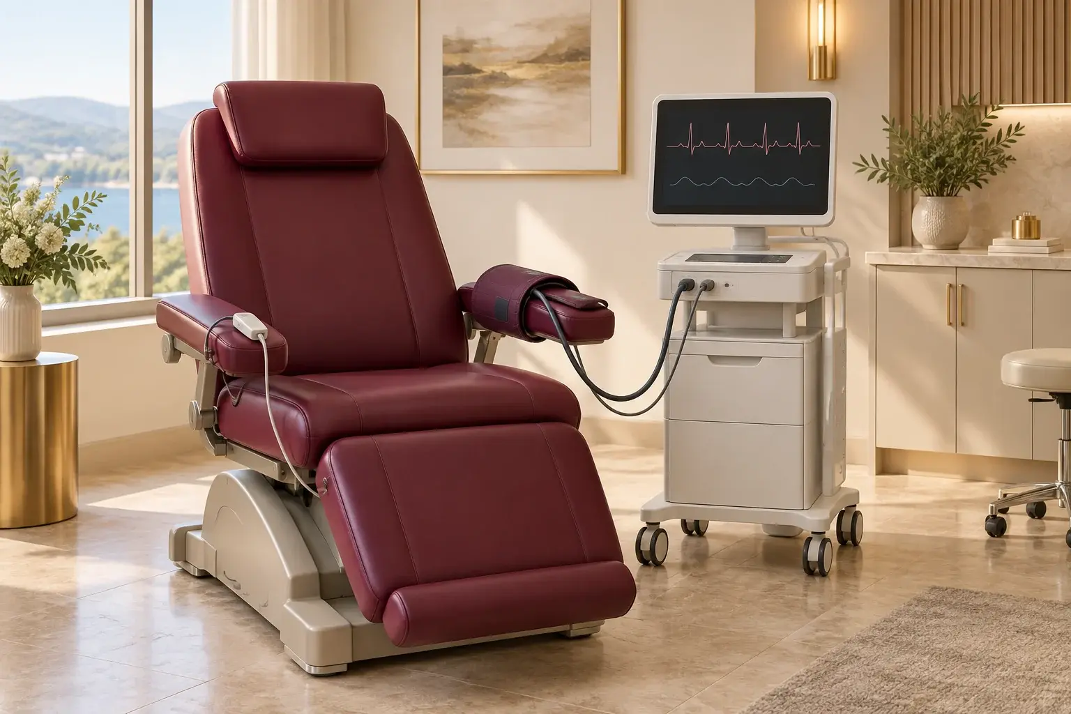 Illustration of a reclining examination chair beside heart-rate and blood-pressure monitoring equipment