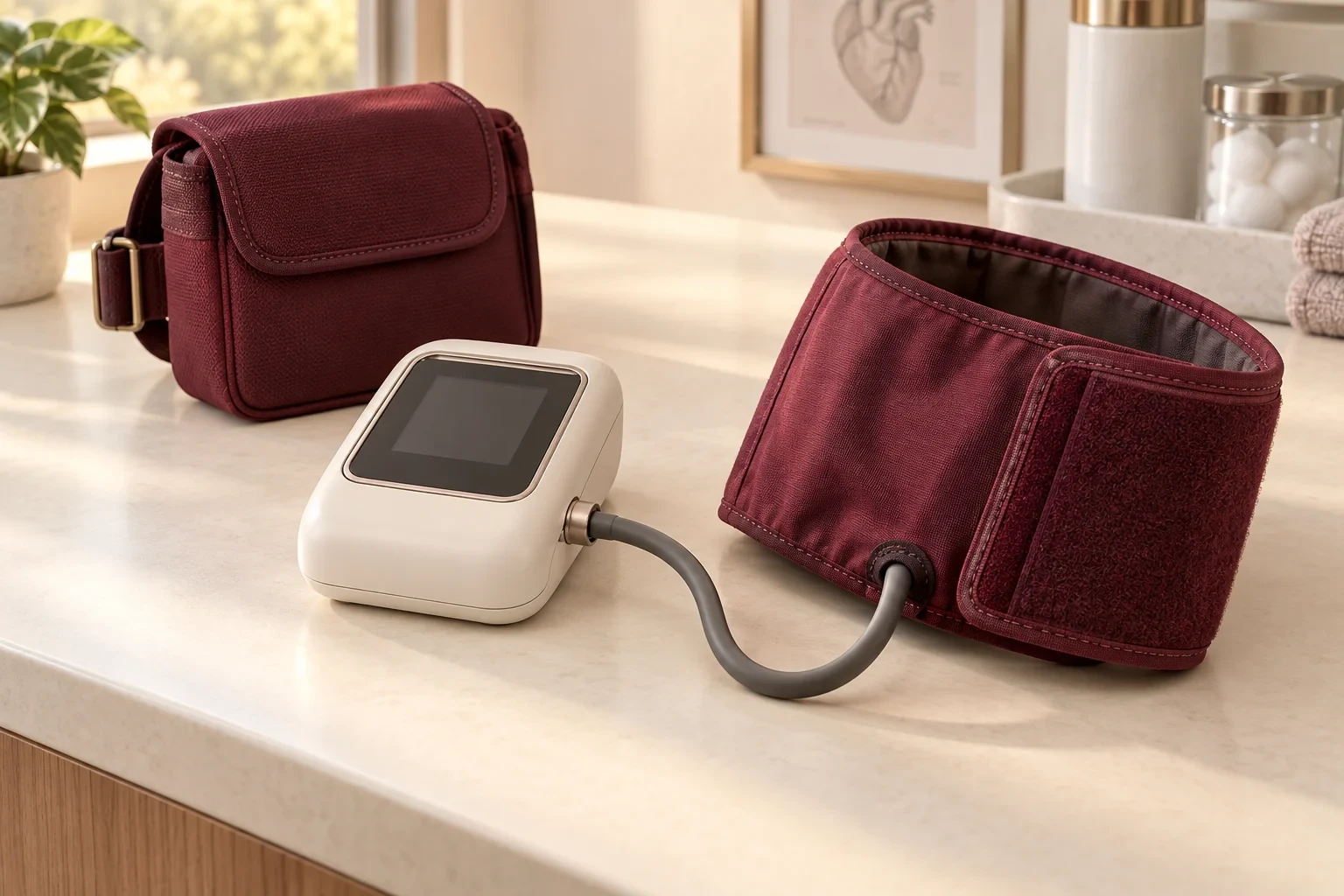 Illustration of an ambulatory blood pressure recorder connected to a burgundy upper-arm cuff