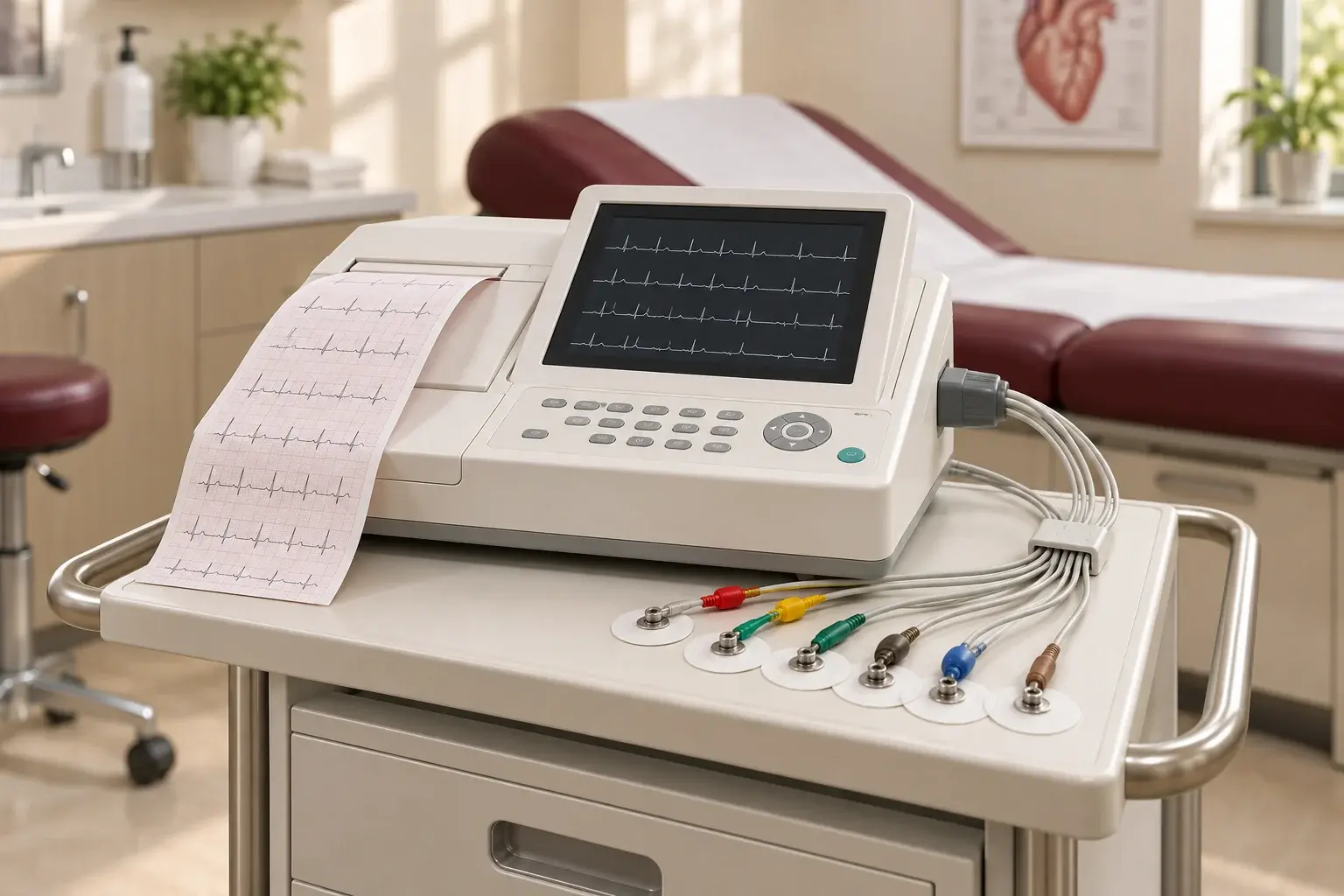 Illustration of an electrocardiograph with a waveform screen, ECG paper, and electrode leads on a clinical cart