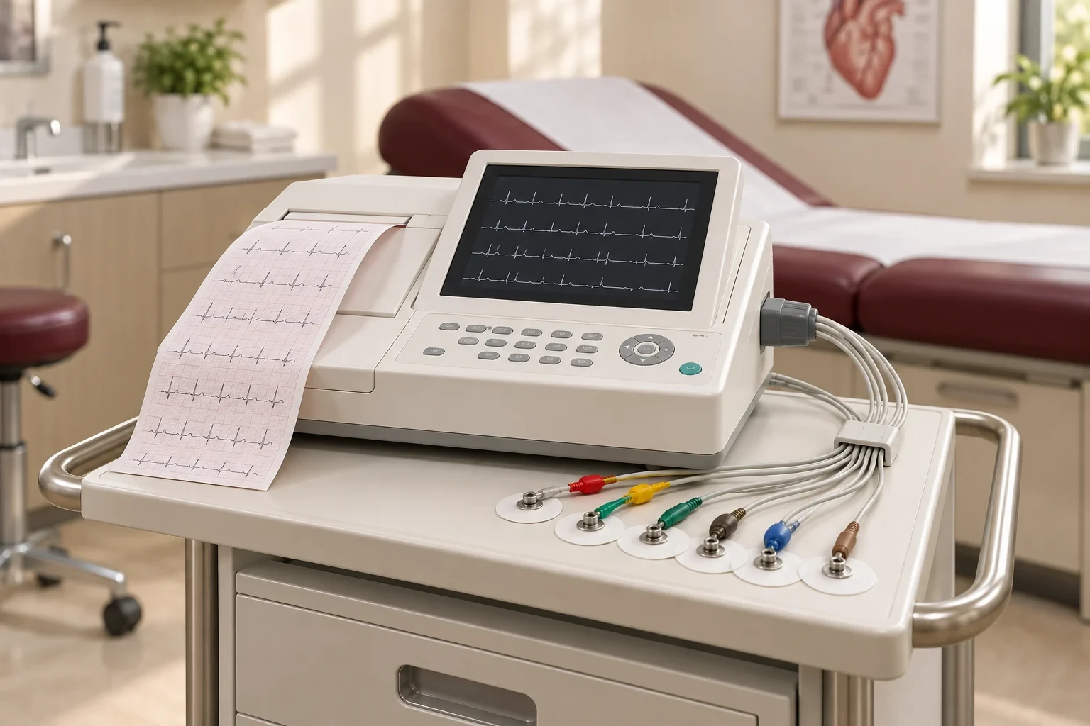 Illustration of an electrocardiograph with a waveform screen, ECG paper, and electrode leads on a clinical cart