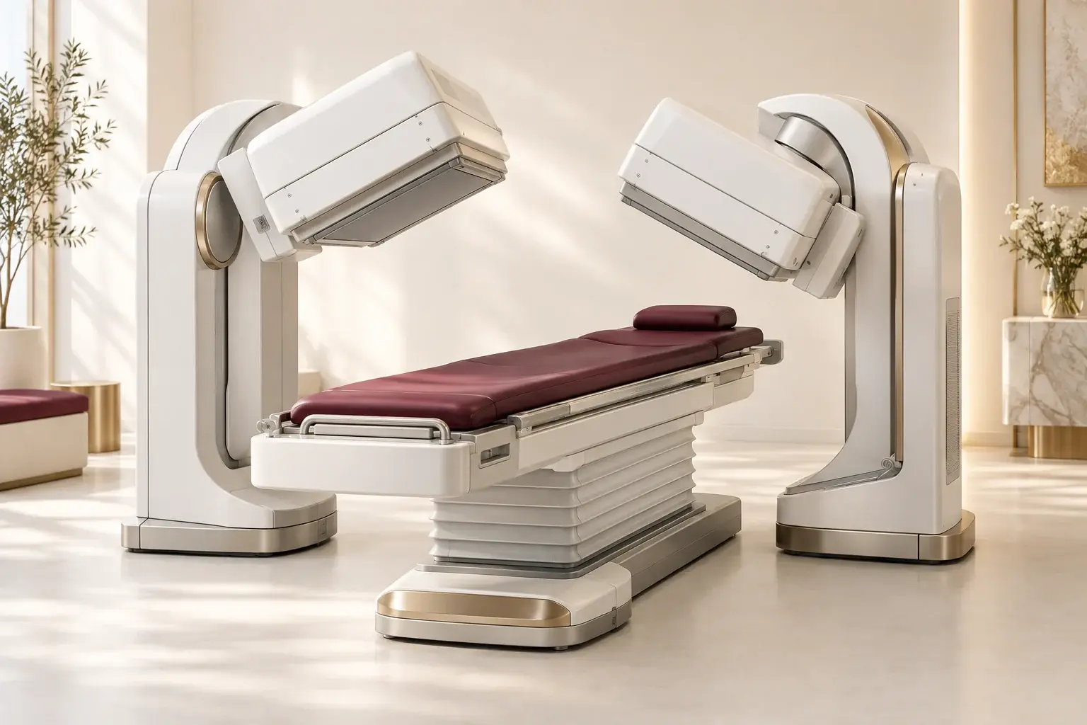 Illustration of dual-head nuclear imaging camera with a burgundy padded scanning table