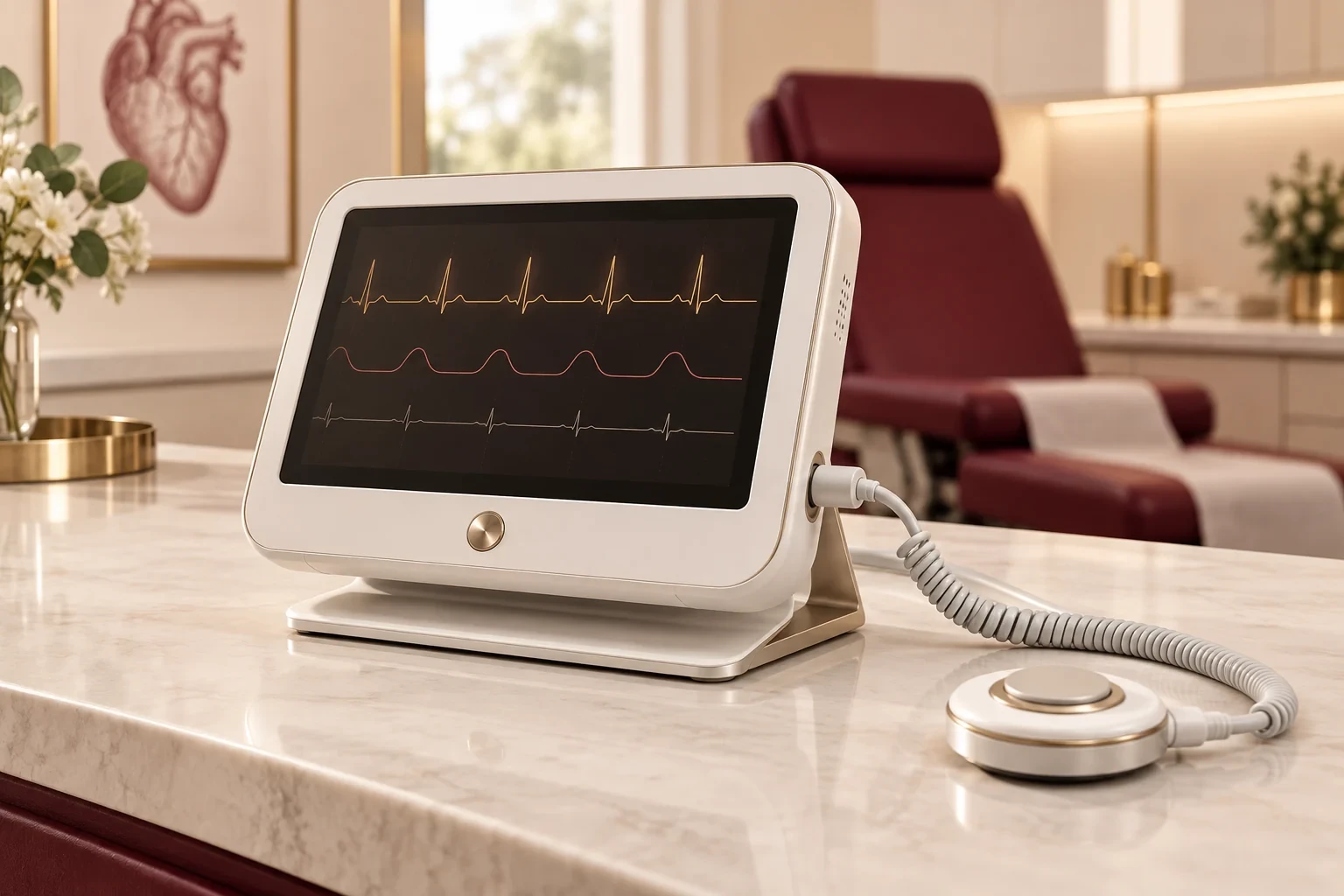 Illustration of pacemaker programmer with a connected telemetry wand in a clinical setting