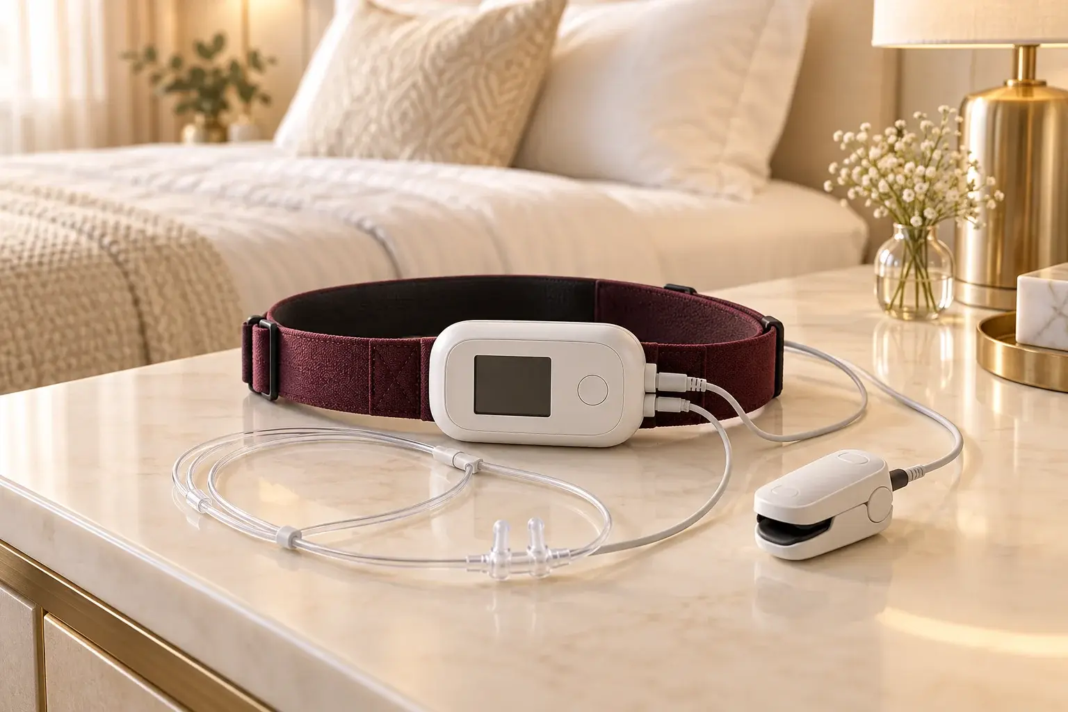 Illustration of sleep apnea testing recorder with a respiratory belt, nasal cannula, and finger oxygen sensor