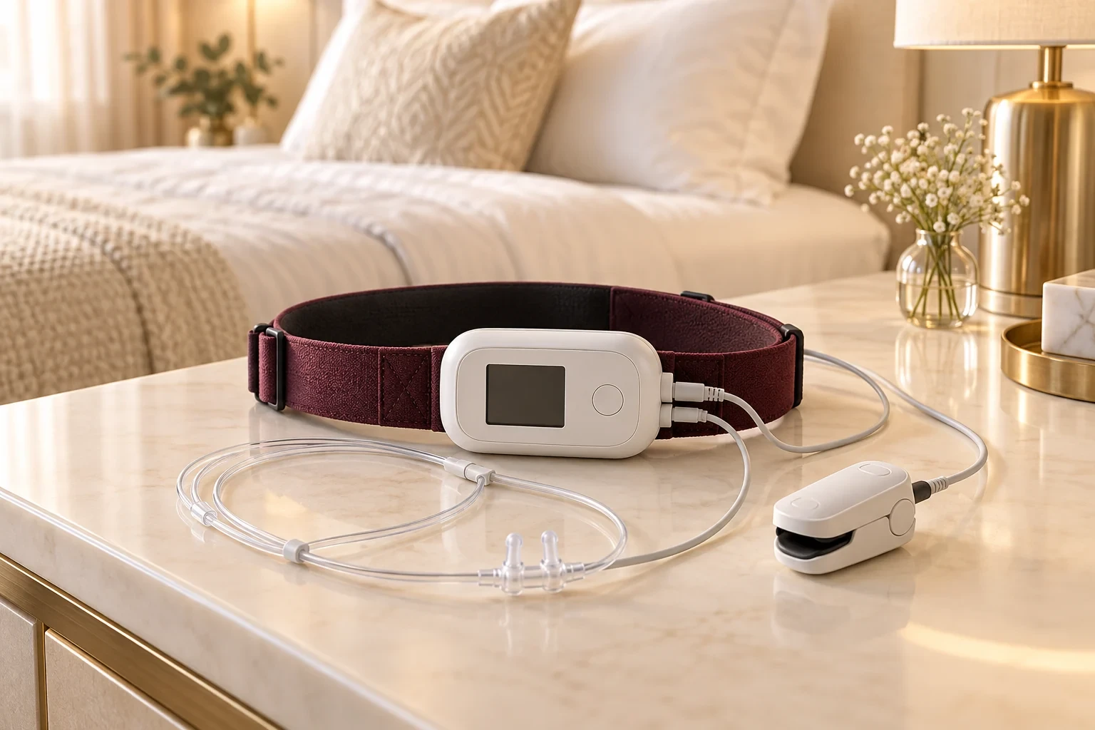 Illustration of sleep apnea testing recorder with a respiratory belt, nasal cannula, and finger oxygen sensor