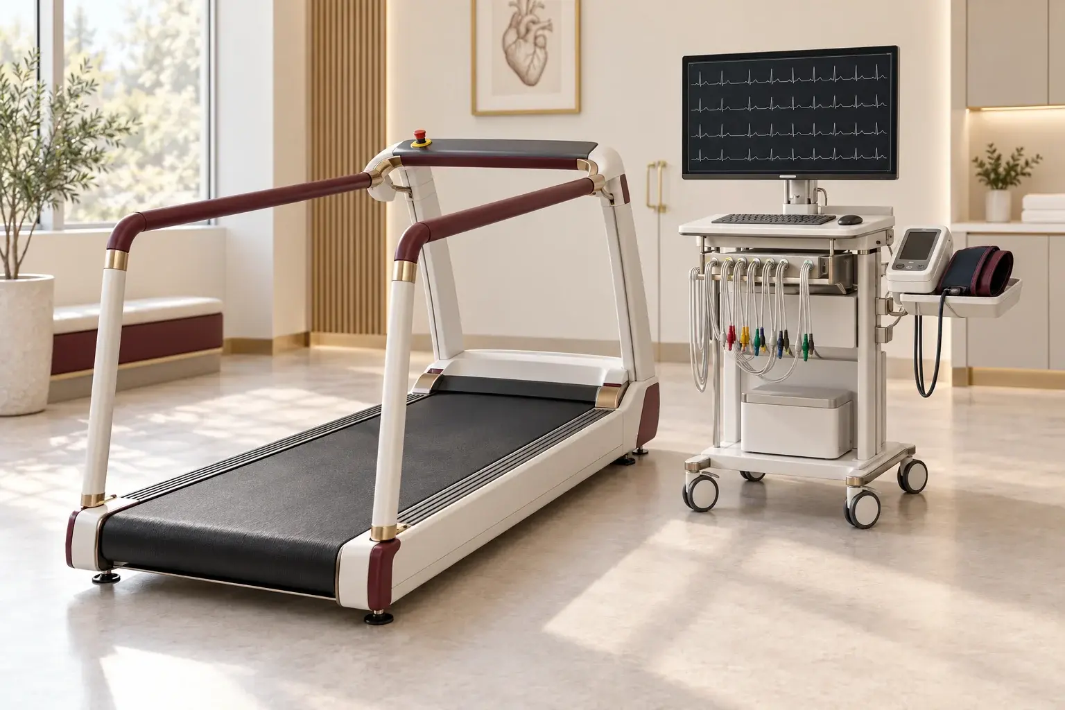 Illustration of medical treadmill beside an ECG monitor and blood pressure cuff for an exercise stress test